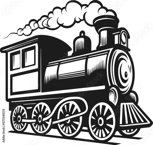 Classic vintage steam locomotive illustration old fashioned train engine with smoke, retro transportation, historical travel concept