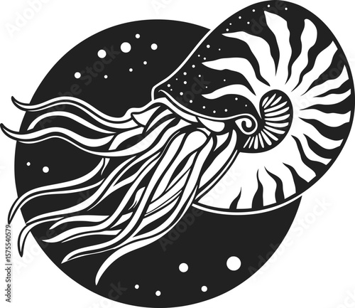Nautilus shell and tentacles illustration black and white marine mollusk art, ancient ocean animal, vintage sea creature