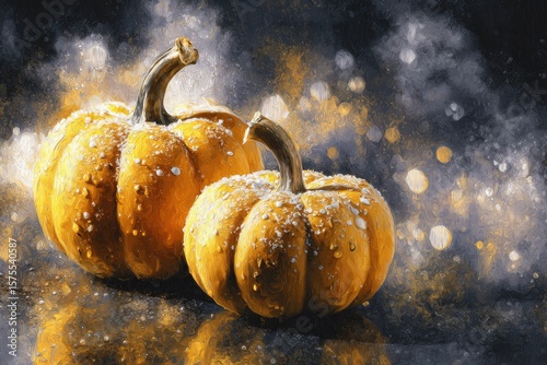 Two small golden pumpkins with speckled surfaces stand against a blurred dark background with bokeh lights