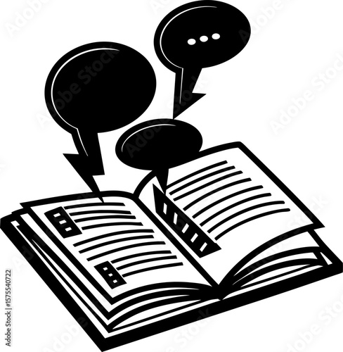 Open book with speech bubbles, communication and education concept knowledge sharing, discussion, learning symbol in black and white