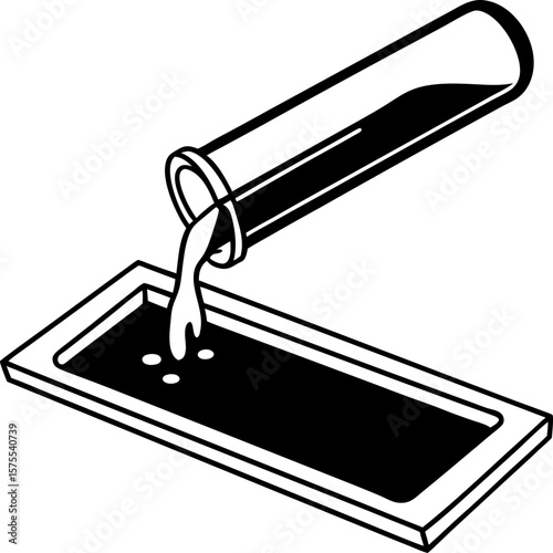 Chemical solution pouring from test tube into rectangular tray laboratory glassware, mixing experiment, scientific analysis