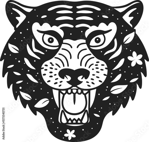 Angry stylized tiger head illustration with open mouth, floral elements, decorative pattern, bold black and white drawing