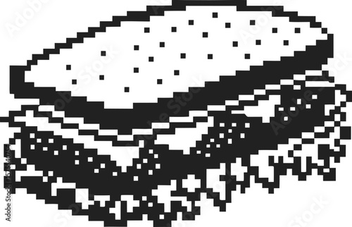 Retro pixel art sandwich illustration simple black and white design, classic meal with bread, lettuce, meat for digital use