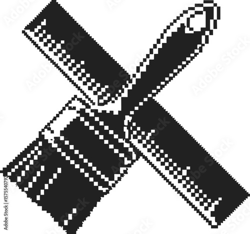 Crossed paintbrush and ruler icon in black and white pixel art retro symbol for art, design, measurement, creativity