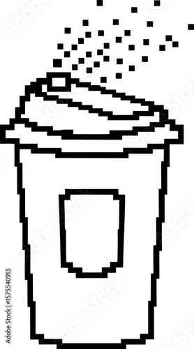 Pixel art coffee cup with lid, hot cafe beverage, simple retro black and white design, minimalist morning drink