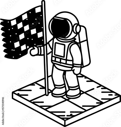 Astronaut standing on lunar surface holding checkered flag space exploration achievement, mission success celebration concept
