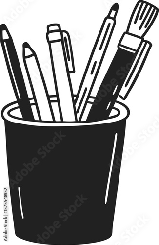 Pen pencil brush and marker in holder black and white office supplies, desk organizer tools, drawing stationery cup