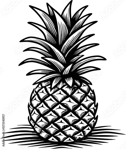 Pineapple illustration, hand drawn tropical fruit with spiky leaves and textured skin, detailed black and white engraving art