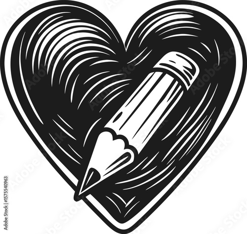 Hand drawn heart with pencil sketch, creative art symbolizing love for drawing, creativity, and inspiration