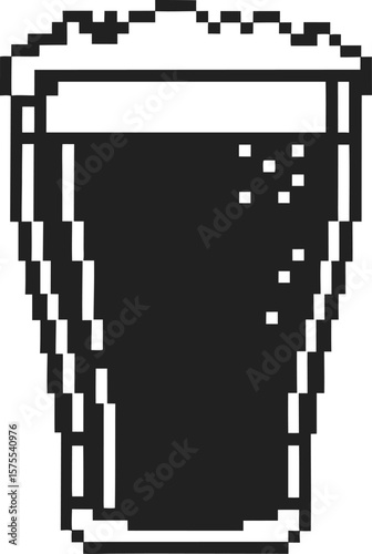 Pixel art beer glass with frothy foam, retro black and white classic drink illustration for vintage digital design