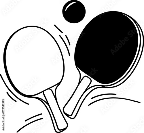 Table tennis paddles and ball in motion minimalist black and white illustration, sport equipment, active leisure concept