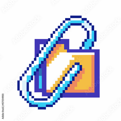 Pixel open padlock icon with chain, digital security unlocked symbol, retro 8 bit design on white background