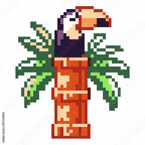 Toucan bird perched atop bamboo stump with lush green leaves retro pixel art animal, tropical jungle wildlife illustration