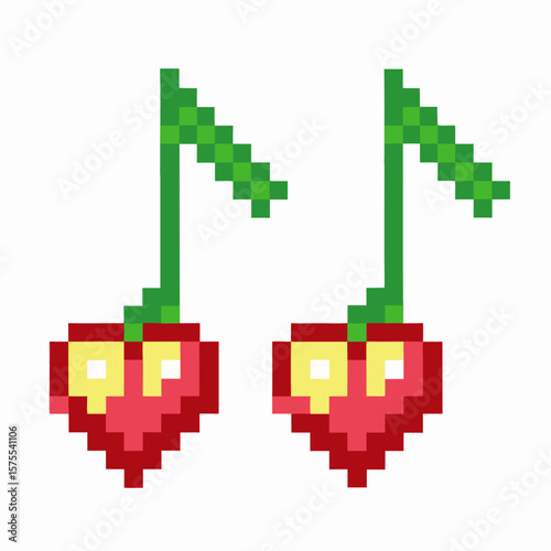 Pixel art red cherries with green stems, retro video game vibrant fruit illustration on white background