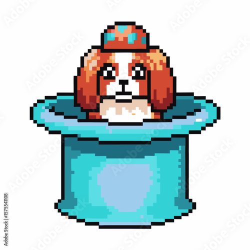 Cute pixel art dog wearing a hat sitting inside a blue magician top hat adorable retro animal illustration