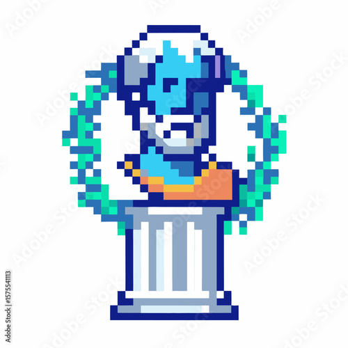 Pixel art dog bust on pedestal with laurel wreath, retro animal icon, blue white orange classical sculpture illustration