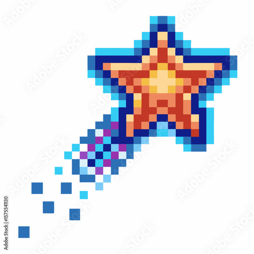 Pixel art shooting star icon, magical retro game illustration whimsical orange star with trailing colorful tail, pixelated