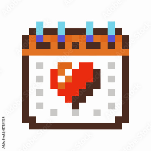 Pixel art calendar with heart icon love reminder, romantic date, digital event, relationship, affection schedule concept