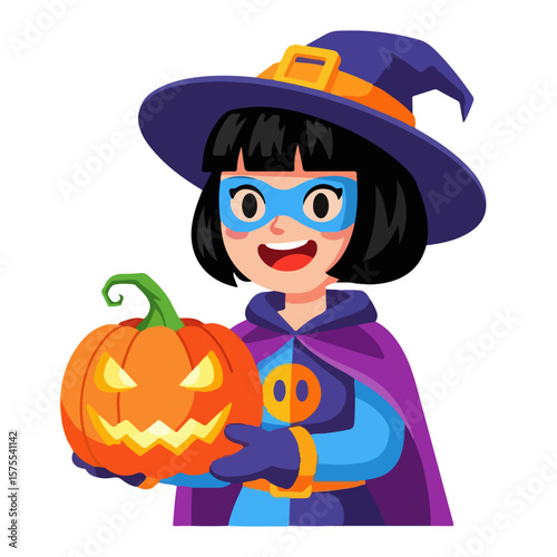 Character wearing Halloween costume holding pumpkin. Vector flat design cartoon. AI generated images. 