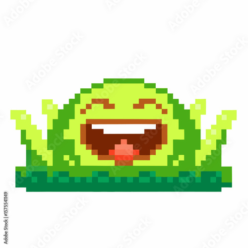 Happy green pixel art slime character with smiling face on grass, playful emoji for game design, 8 bit retro