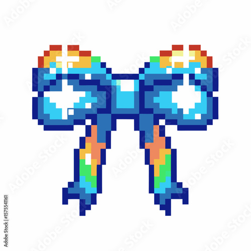 Colorful pixel art bow with rainbow gradient retro blue ribbon, vintage digital style, playful and decorative accessory