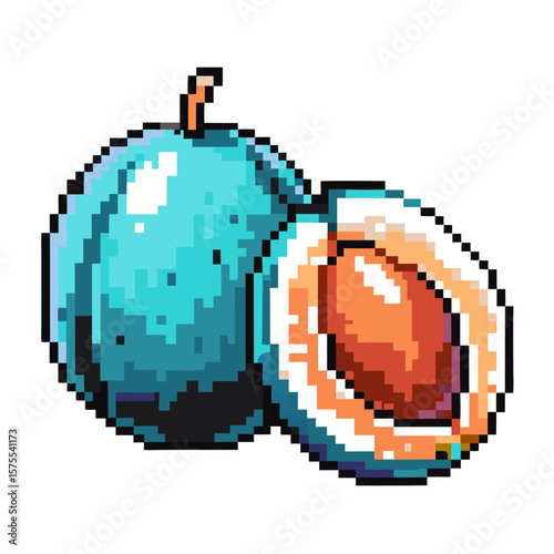 Pixelated plum fruit with pit retro digital art of whole and half blue plum, colorful seed, vintage illustration