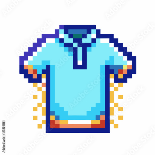 Pixel art blue polo shirt with short sleeves, retro 8 bit style, casual summer clothing, digital graphic design icon