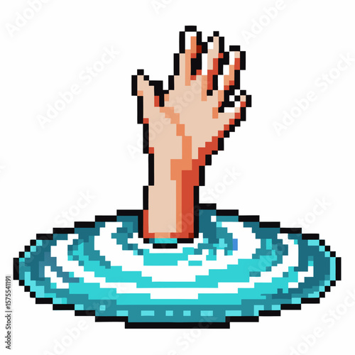 Pixel art hand reaching up from water in distress, emergency drowning concept, retro video game illustration