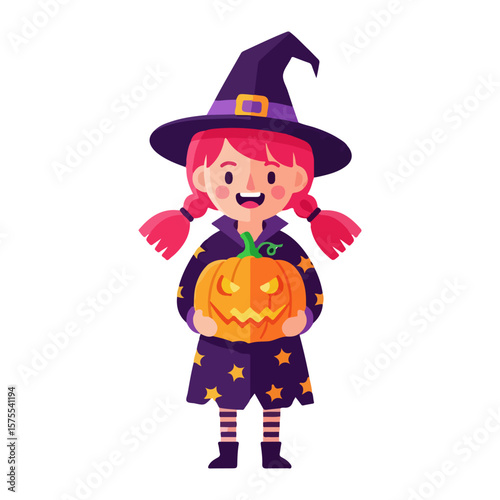 Character wearing Halloween costume holding pumpkin. Vector flat design cartoon. AI generated images. 