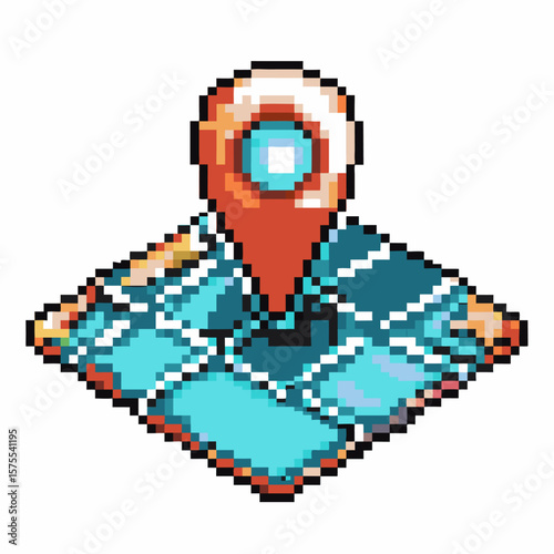 Pixel location marker on digital map tile retro 8 bit icon, navigation pinpoint, gaming, geolocation symbol