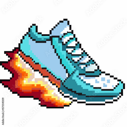 Pixel art sneaker with fiery flames, dynamic running shoe, retro digital style, speed, energy, youthful fashion