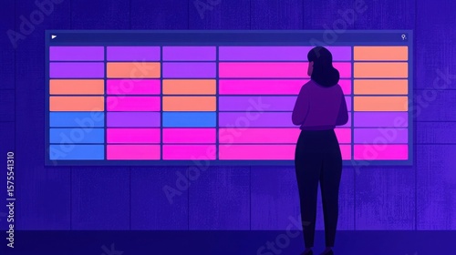 Agile Test Management Concept. Woman Analyzing Colorful Data Display on Screen in a Modern Office Environment
