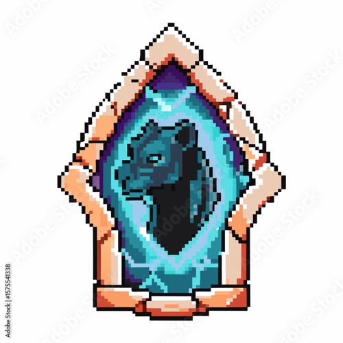 Pixel art framed panther portrait, retro fantasy magic animal emblem, blue crystal border, decorative gaming icon