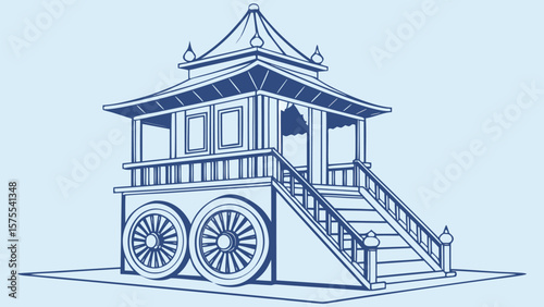 Traditional asian pavilion structure on wheels with stairs and decorative roof