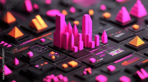 Agile Test Management Concept. Abstract 3D illustration of vibrant geometric shapes and structures in pink hues on dark background