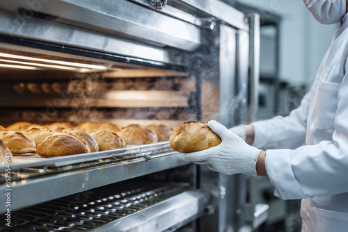 A professional baker in a white coat and heat-resistant gloves uses a peel to pull golden loaves of bread from a stainless steel convection oven. 