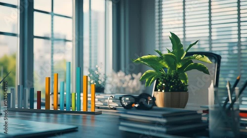 A 3D bar graph depicting business growth, overlayed on a modern office window showcasing a renewable energy landscape outside. Sustainability business concept.