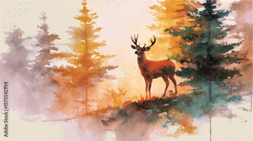 Vector illustration, stunning watercolor depiction of deer in forest, watercolor paint