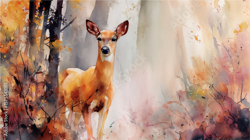 Vector illustration, stunning watercolor depiction of deer in forest, watercolor paint