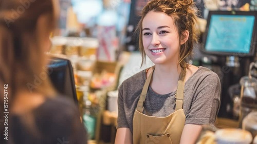 Friendly Cafe Interaction: A barista smiles warmly, engaged in a pleasant interaction with a customer, creating a welcoming and comfortable atmosphere in the cozy cafe setting.