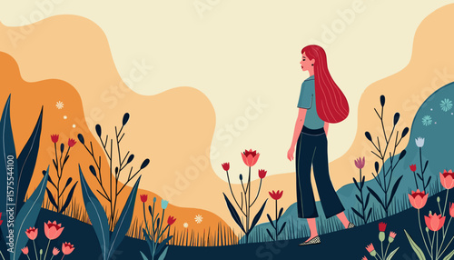 Transgender woman walking through vibrant garden, embracing nature