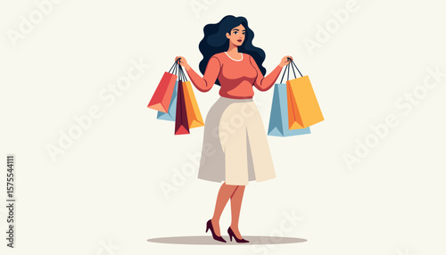 Plus-size woman happily shopping with colorful bags, retail joy