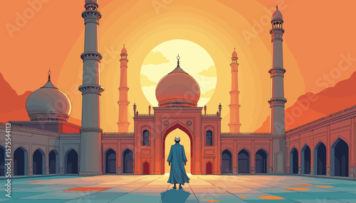 Elderly Muslim man standing in mosque at sunset, spiritual reflection