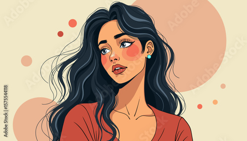 Pensive young woman reflecting on life, colorful abstract backdrop