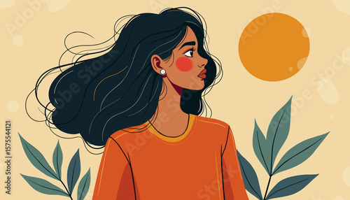 Contemplative South Asian woman gazing at sunset, personal reflection