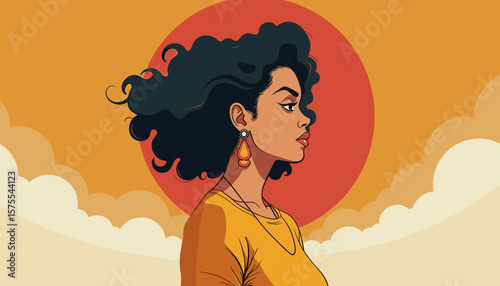 Proud Latina woman gazing thoughtfully, vibrant sunset backdrop