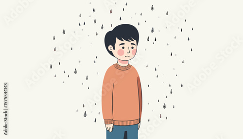 Sad young boy standing in rain, expressing melancholy