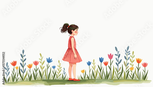 Curious girl admiring colorful flowers in a vibrant garden, innocence
