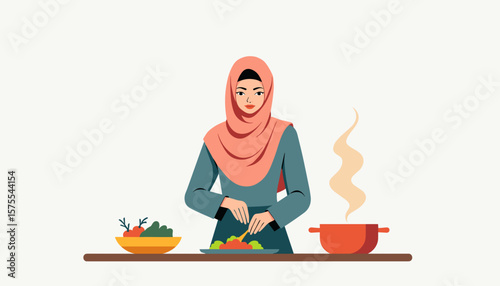 Muslim woman preparing dinner with fresh ingredients, culinary art