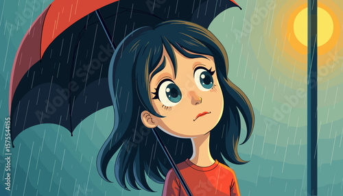 Sad girl holding umbrella in rain, emotion and isolation